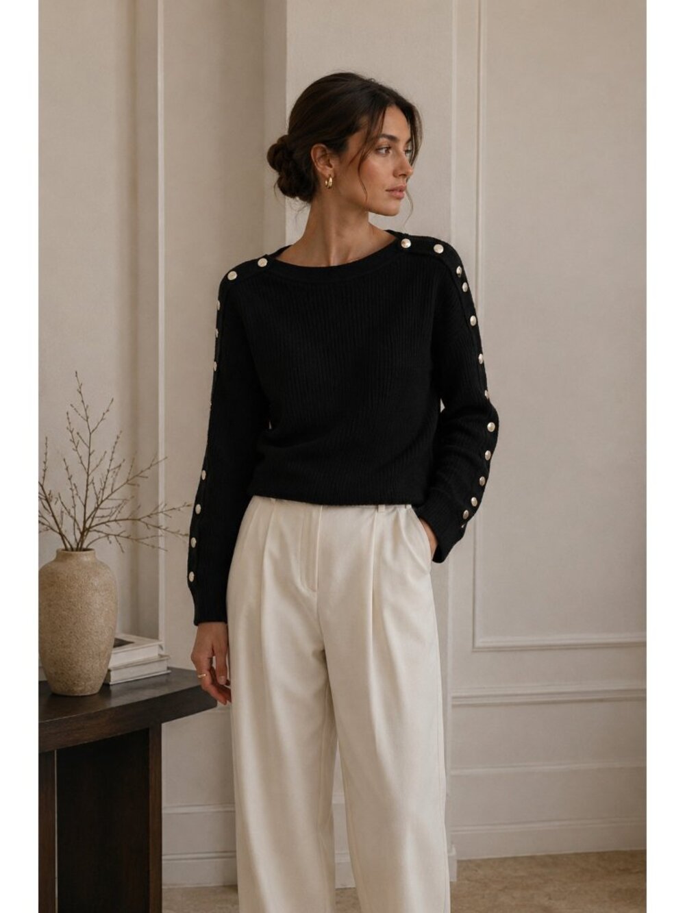COS Black Cashmere Rib Knit Sweater Silver Snap Button Sleeve Minimalist Oversiz